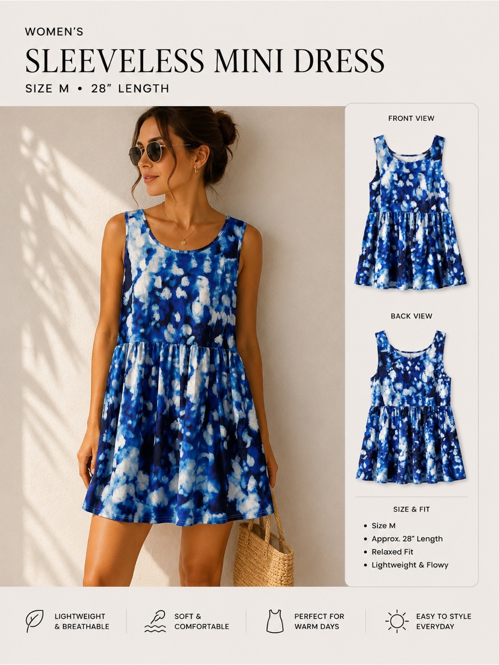 Blue Tie-Dye Sleeveless Mini Dress Size M Boho Flowy Summer Dress 28” Length